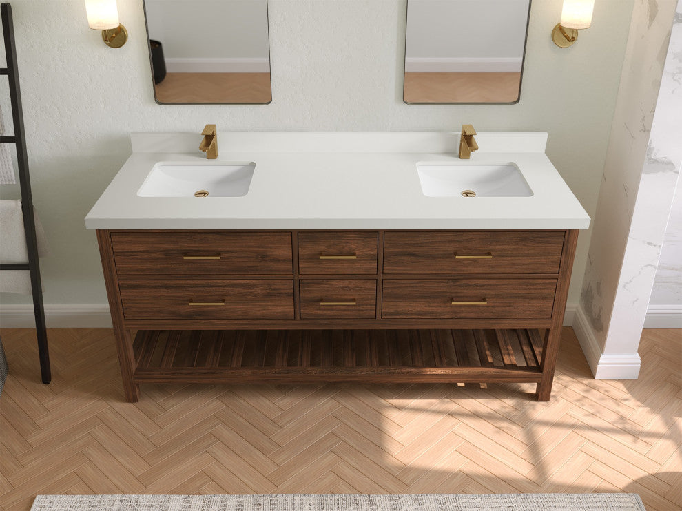 Parker Teak 72" Double Sink Bath Vanity in Dark Walnut2" White Quartz