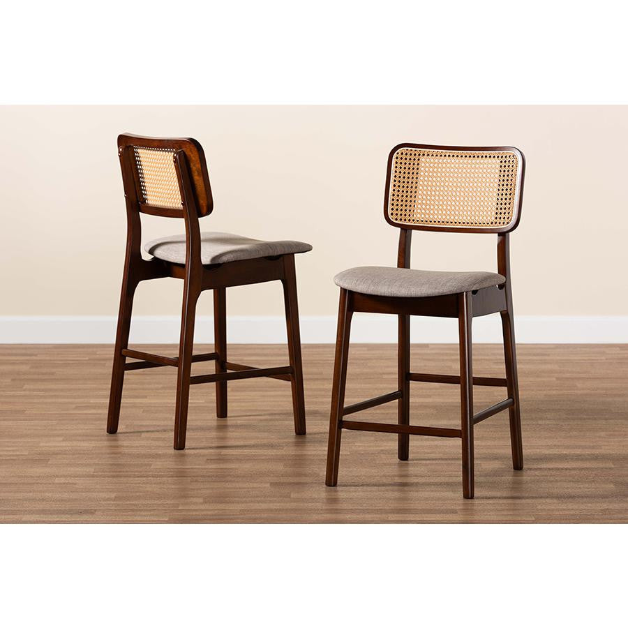 Grey Fabric and Walnut Brown Finished Wood 2-Piece Counter Stool Set