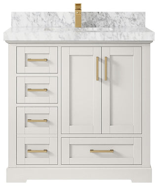 Boston 36" Center Sink Bath Vanity in Alabaster 2" Carrara Marble