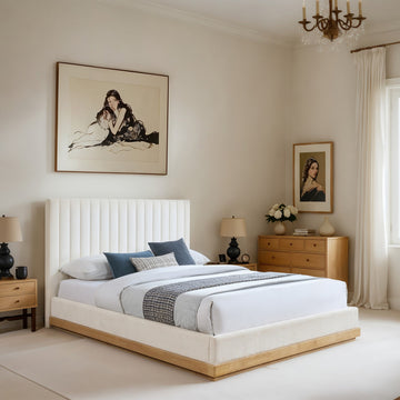 Emmet Upholstered Bed, Cream, King, Chenille, Natural Finish