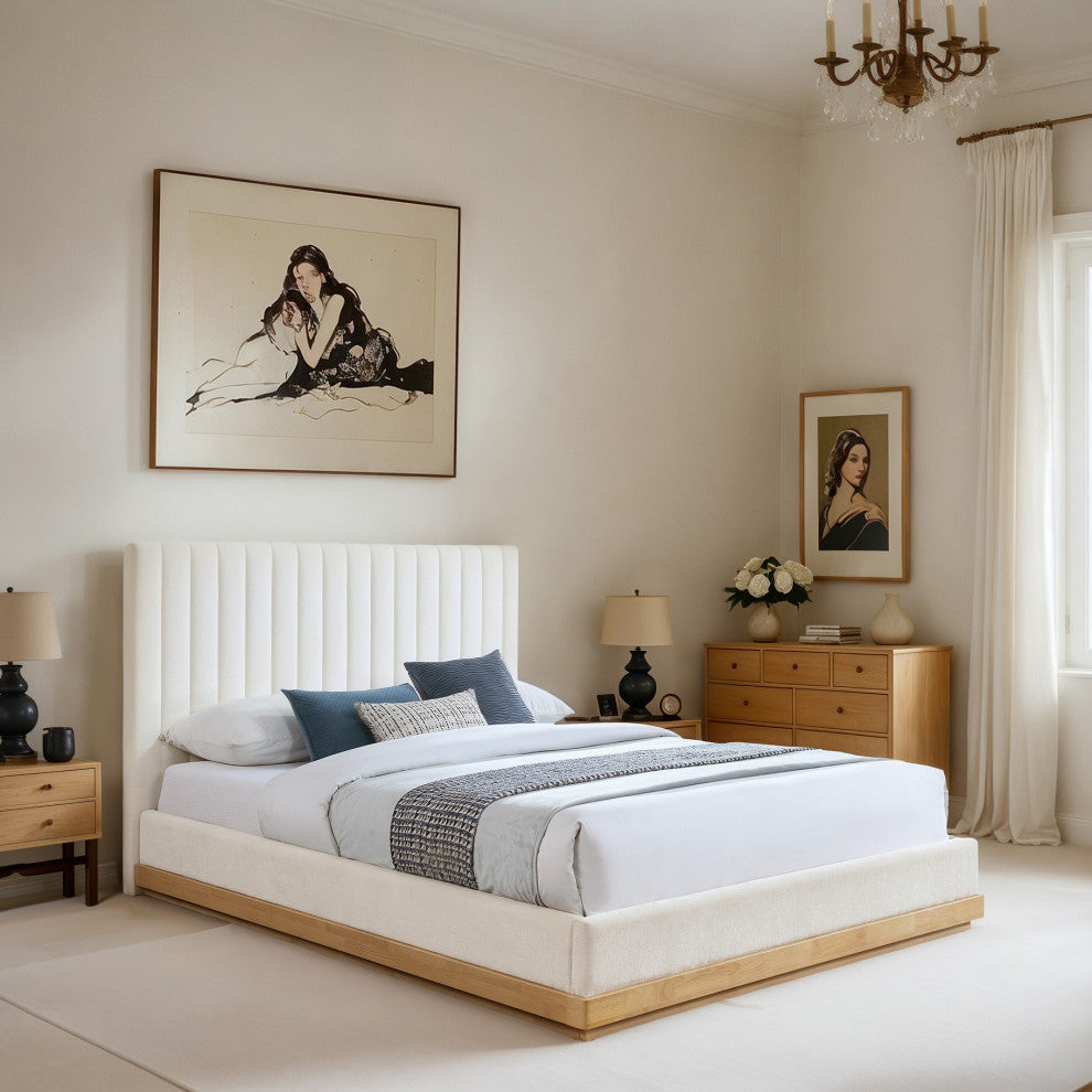 Emmet Upholstered Bed, Cream, King, Chenille, Natural Finish