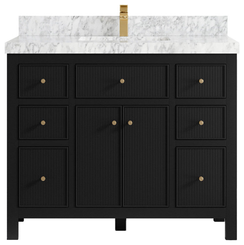 Sonoma 42 Single Sink Reeded Bath Vanity in Black 2" Carrara Marble