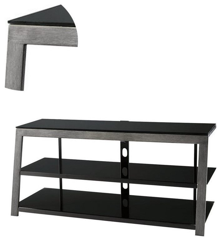 Benzara BM194845 Metal Framed TV Stand with Tempered Glass Shelves, Black & Gray