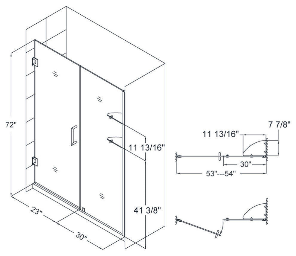 DreamLine Unidoor 53" to 54" Frameless Hinged Shower Door, Clear Glass, Chrome