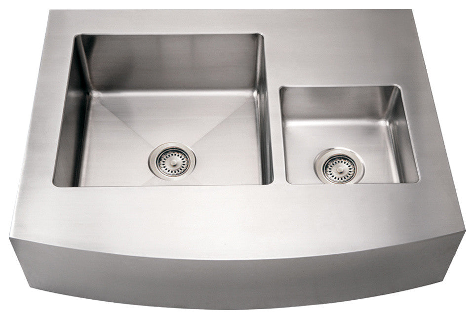 Brushed Stainless Steel Commercial Double Bowl Sink W/ An Arched Front Apron