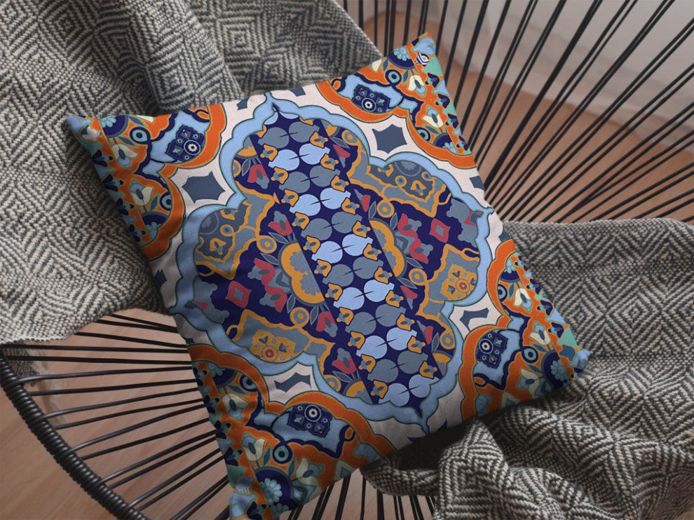 28" Orange Blue Boho Indoor Outdoor Throw Pillow