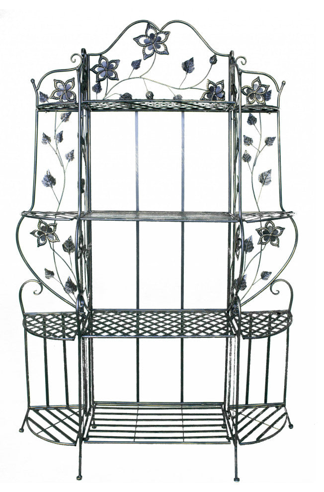 HomeRoots Blackened Gunmetal Steel Floral 4 Shelf Bakers Rack