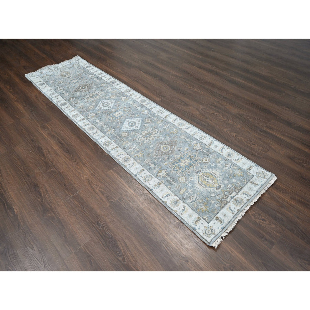 Medium Gray Karajeh Design Natural Wool Hand Knotted Runner Rug 2'7"x10'