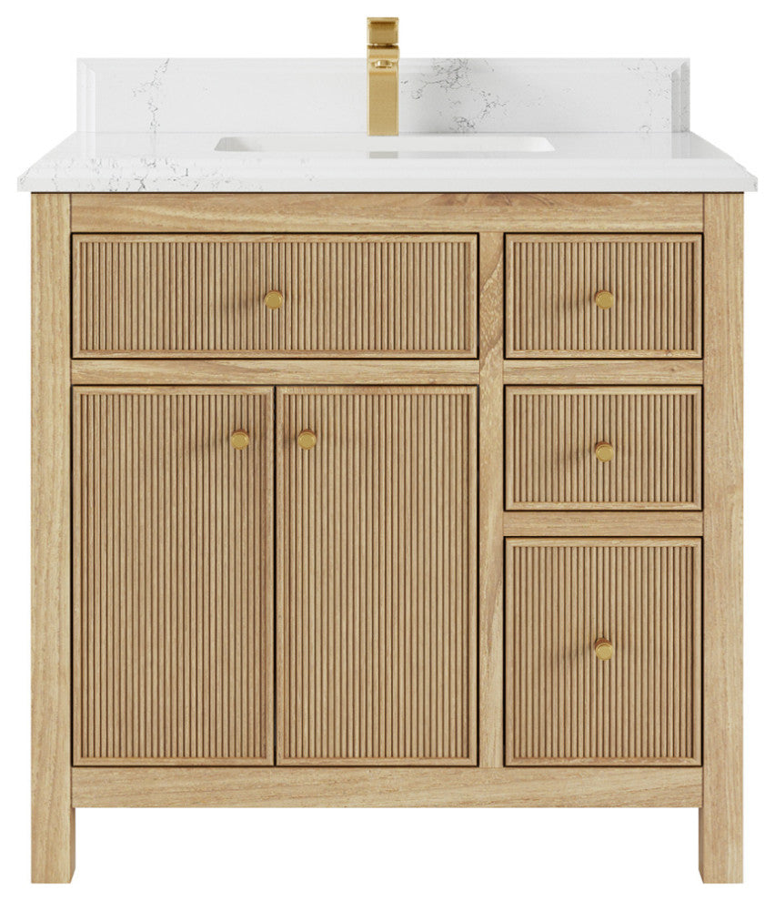 Sonoma 36 Center Sink Bath Vanity in Light Natural Teak with 1.5" Empira Quartz