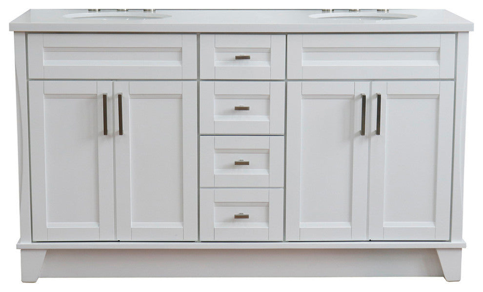 61" Double Sink Vanity, White Finish And Engineered Stone Top And Oval Sink