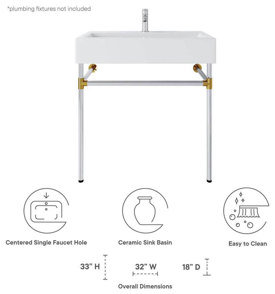 Redeem 32" Silver Stainless Steel Wall-Mount Bathroom Vanity, Silver White