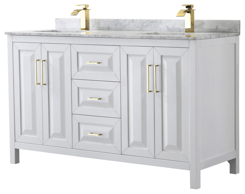 60" Double Bath Vanity, White, White Carrara Countertop, Sinks, Gold Trim