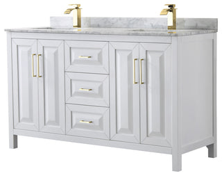 60" Double Bath Vanity, White, White Carrara Countertop, Sinks, Gold Trim