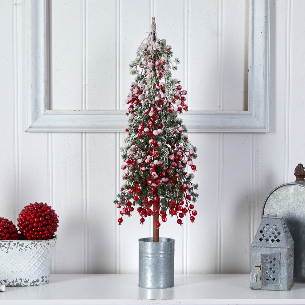 30" Flocked Berry Artificial Christmas Tree, Decorative Planter