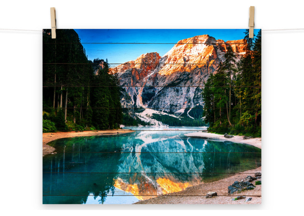 Faux Wood Misty Lake and Snow-cap Mountain Reflections Unframed Wall Art Prints, 16" X 20"