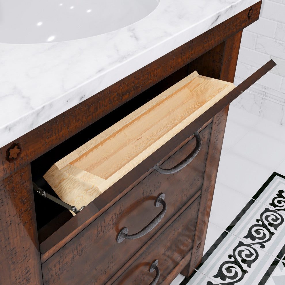 Aberdeen Carrara Marble Countertop Vanity in Rustic Sierra with Barn Mirror