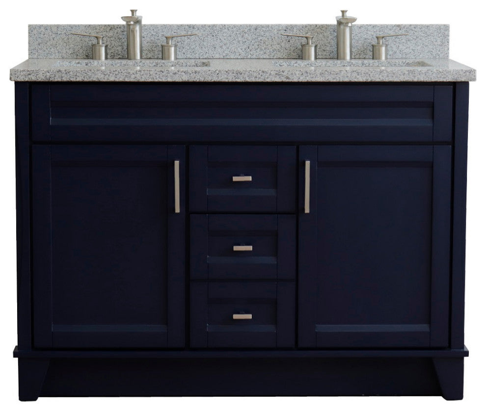 48" Double Sink Vanity, Blue Finish With Gray Granite And Rectangle Sink
