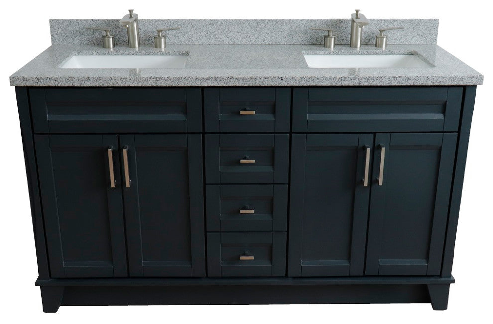61" Double Sink Vanity, Dark Gray Finish And Gray Granite And Rectangle Sink