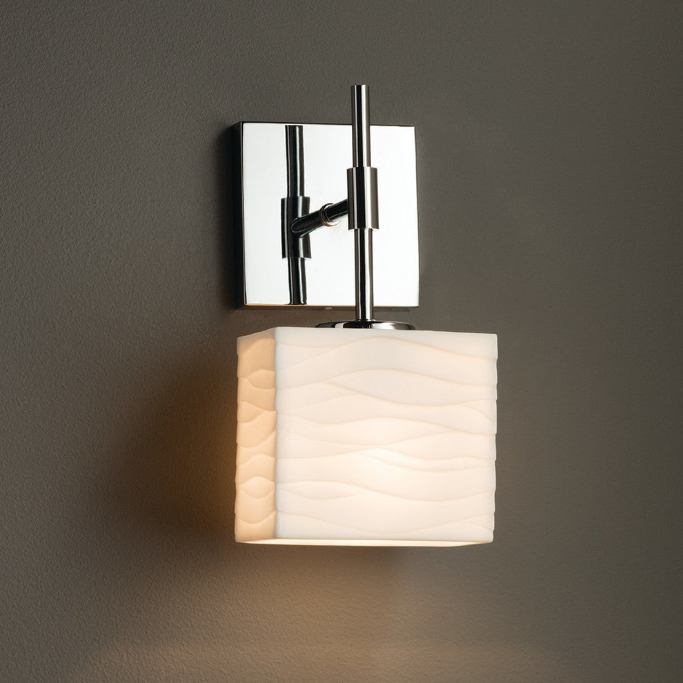 Porcelina Union 1-Light Wall Sconce, Rectangle, Polished Chrome, Waves Shade