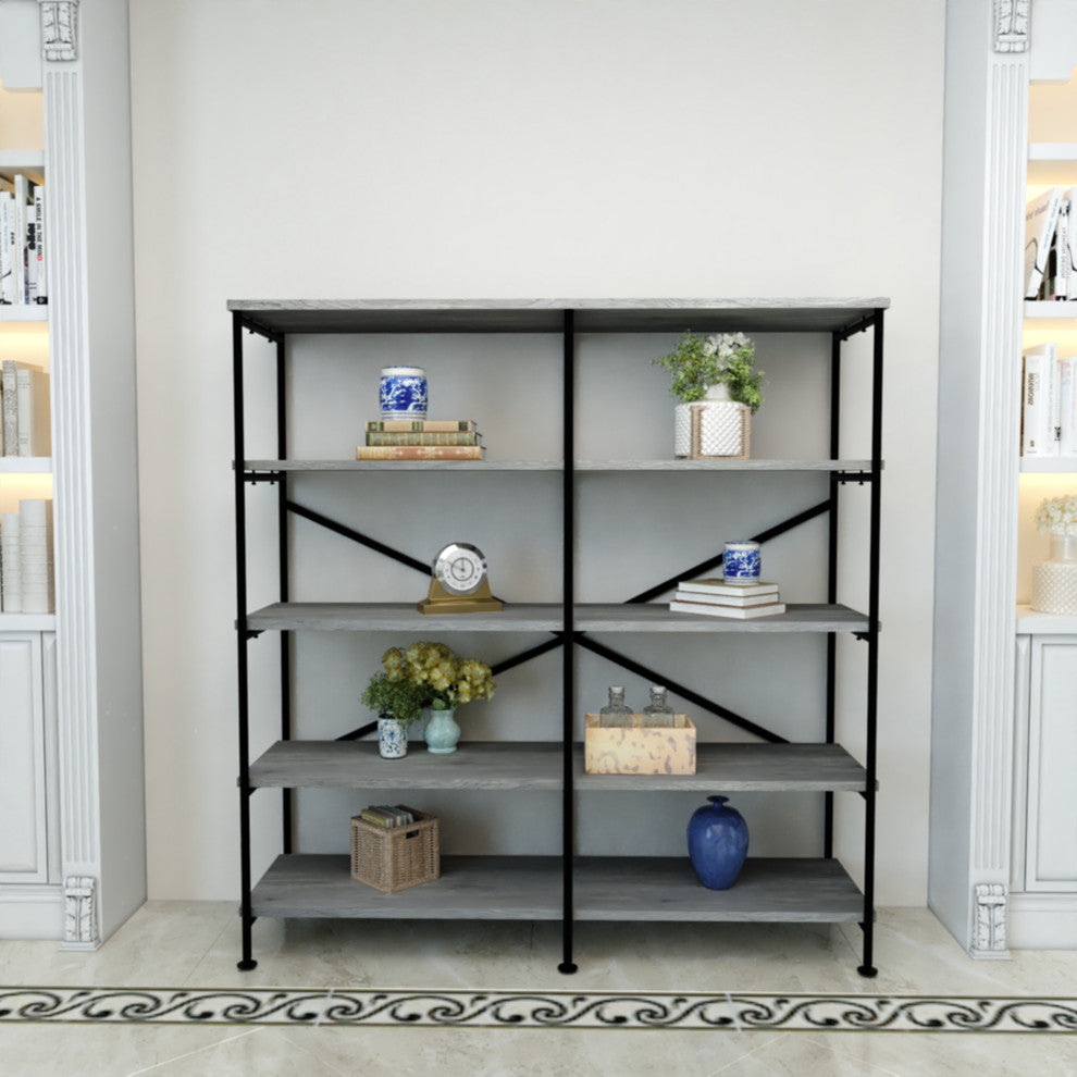 63" Industrial 4 Tier Bookshelf Particleboard Metal Frame, Gray, Black