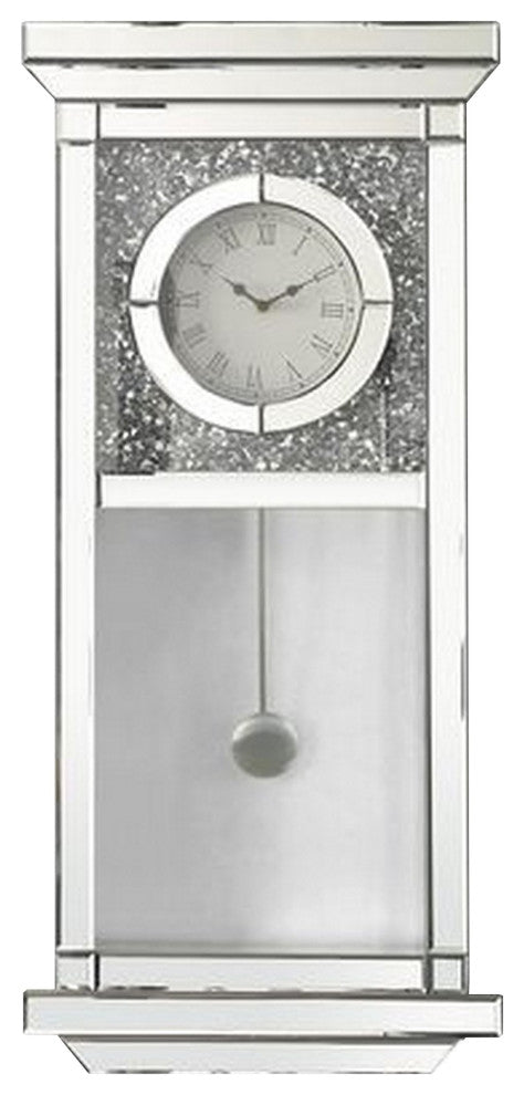 Benzara BM268980 Pendulum Wall Clock With Mirror Trim and Molded Design, Silver