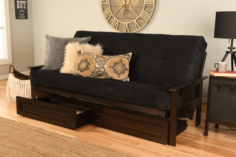 Caleb Frame Futon With Espresso Finish, Storage Drawers, Suede Black