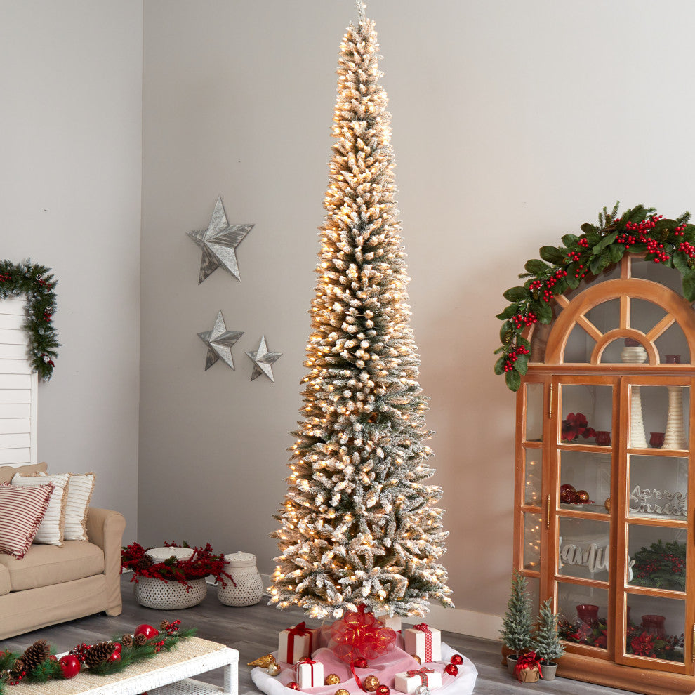 12' Flocked Pencil Artificial Christmas Tree 1000 Clear Lights & 1819 Branches