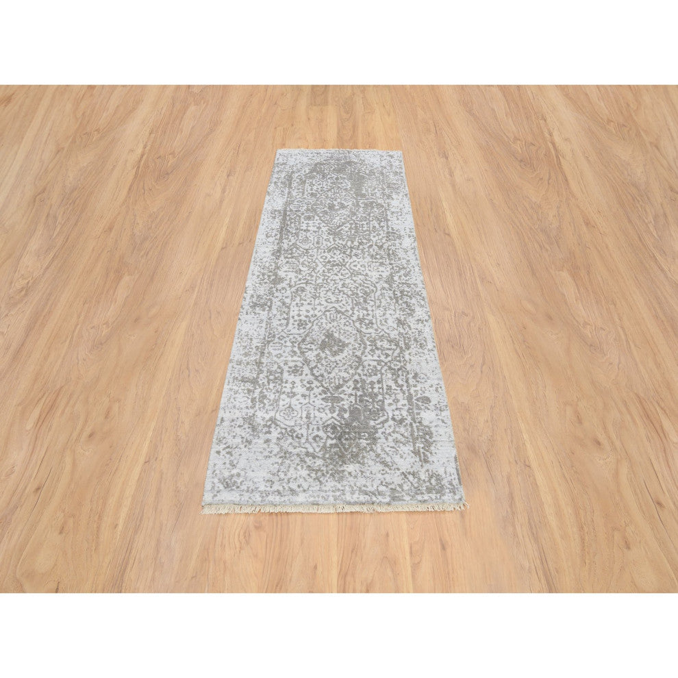 Gray Hand Knotted Broken Persian Design Wool and Pure Silk Runner Rug 2'6"x7'10"