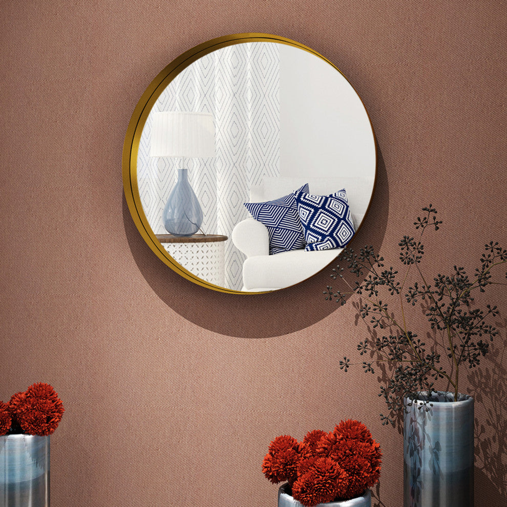 Round Framed Wall Mounted Bathroom Vanity Mirror, Gold, 32x32
