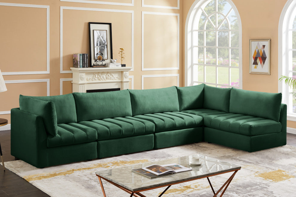 Jacob Velvet Upholstered 5-Piece L-Shaped Modular Sectional, Green