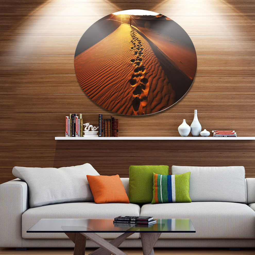 Hikers Footprints In Namib Desert, Landscape Disc Metal Wall Art, 23"
