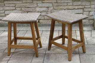 7-Piece Teak And Wicker Counter Height Dining Set, Grey Top/Saddle Stools