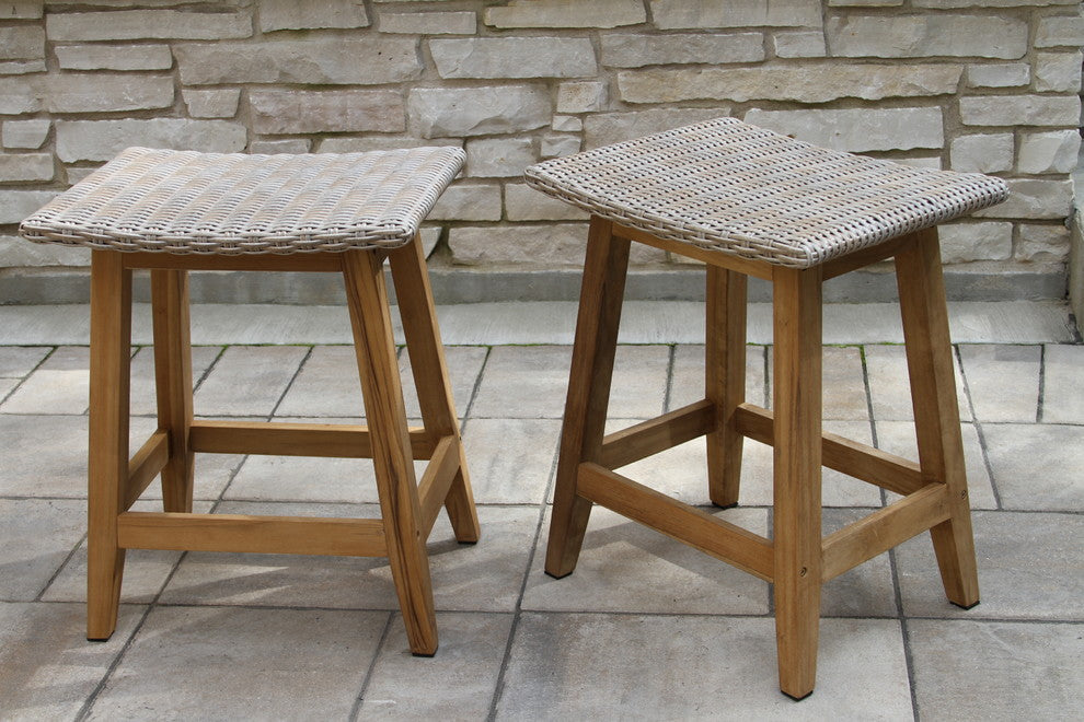 7-Piece Teak And Wicker Counter Height Dining Set, Grey Top/Saddle Stools