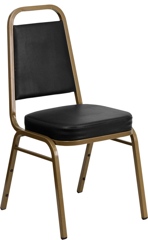 Trapezoidal Back Stacking Banquet Chair in Black Vinyl - Gold Frame