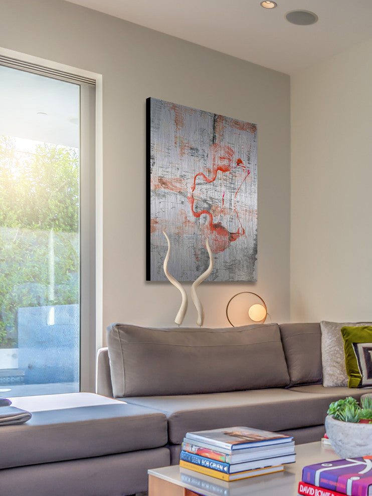 "Flamingo Reflection" Painting Print on Brushed Aluminum, 24"x36"