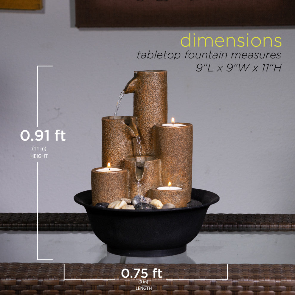 11" Tall Indoor Tiered Column Tabletop Fountain with 3 Candles