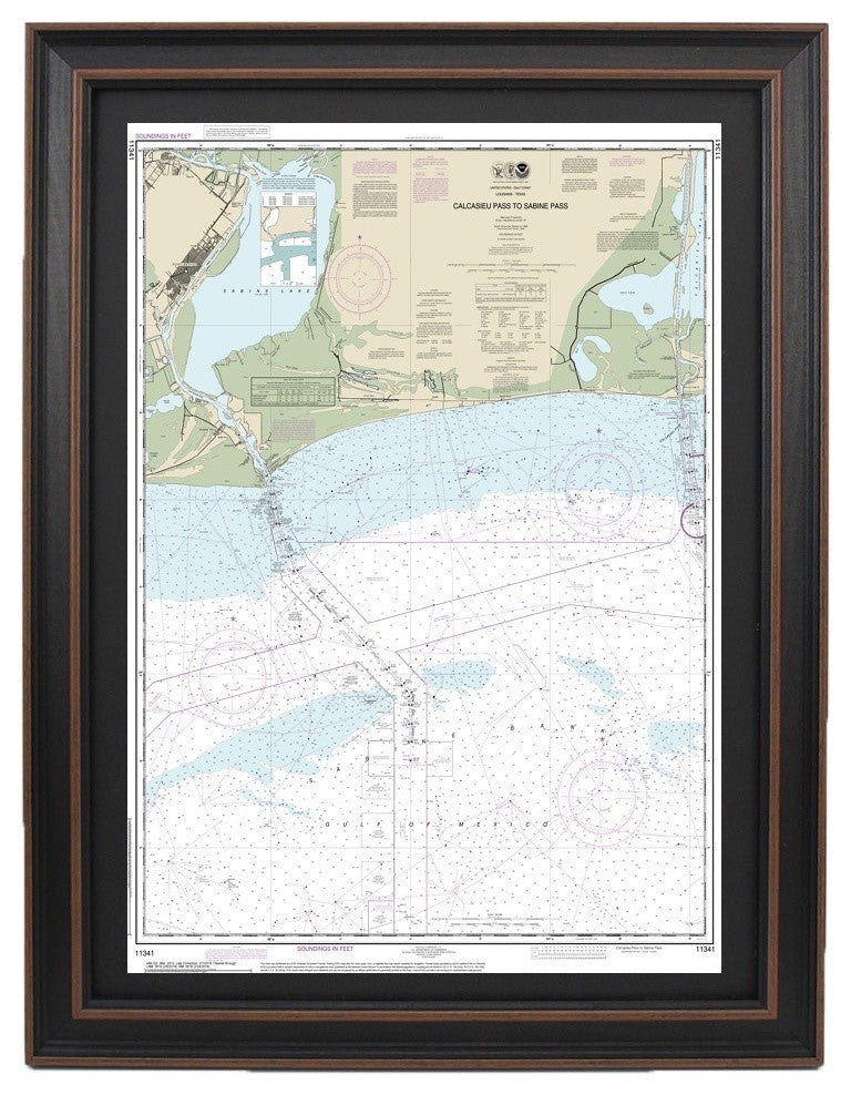 Nautical Chart, Calcasieu Pass to Sabine Pass, Poster Framed