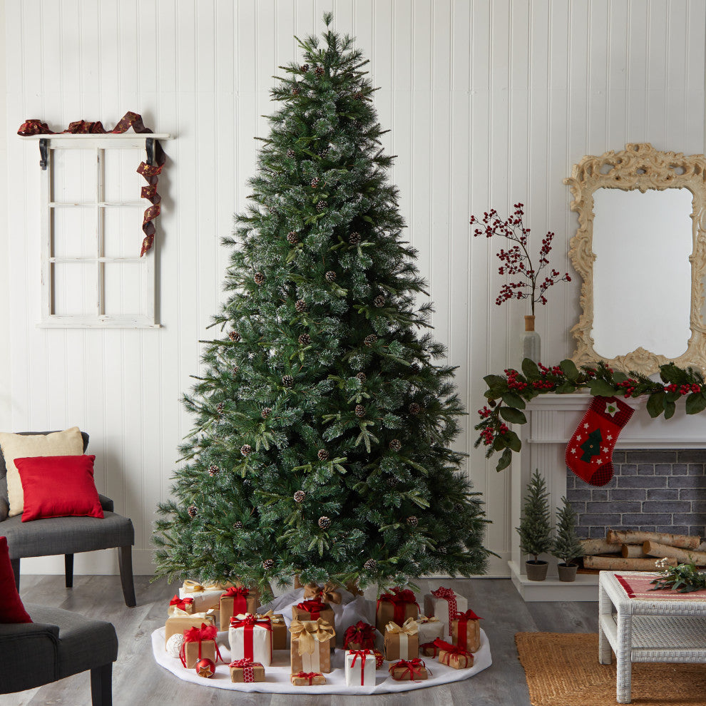 9' Snowed Clermont Pine Faux Xmas Tree W/Lights, Pinecones & Bendable Branches
