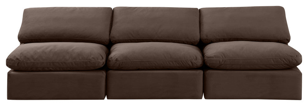 Indulge Upholstered Modular Sofa, Brown, 3-Piece: 3 Armless Chair, Down Stuffed Velvet