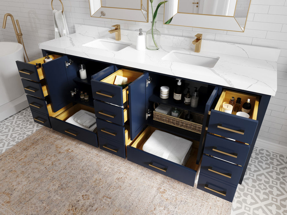 Malibu 84 Double Sink Bath Vanity in Navy Blue 2" Piatra Gray