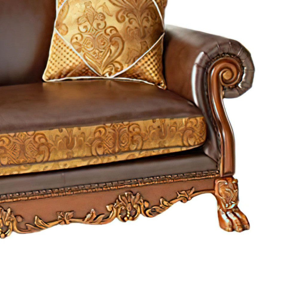 Dresden Loveseat With 2 Pillows, Brown PU and Chenille, Cherry Oak