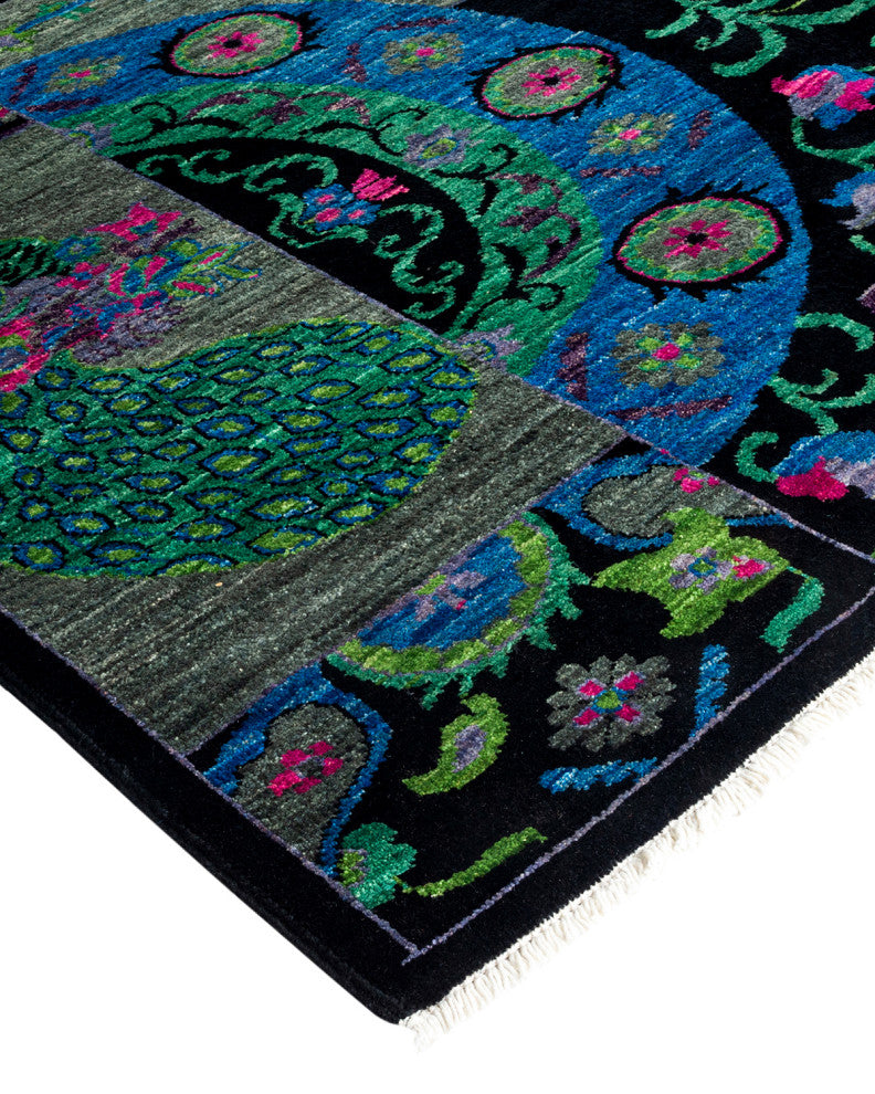 Suzani, One-of-a-Kind Hand-Knotted Area Rug Black, 8' 1" x 10' 0"