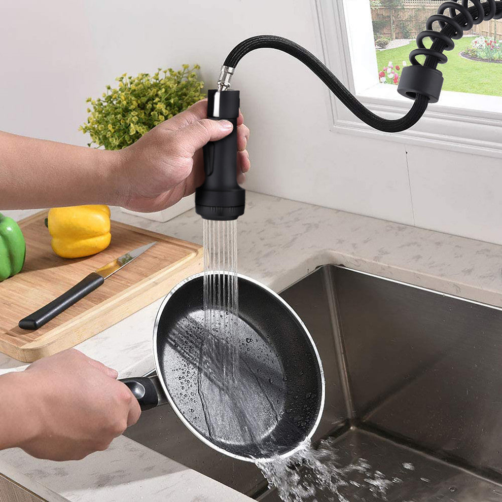 Single Handle Deck Mounted Spring Neck Pull Down Kitchen Faucet with Deckplate,