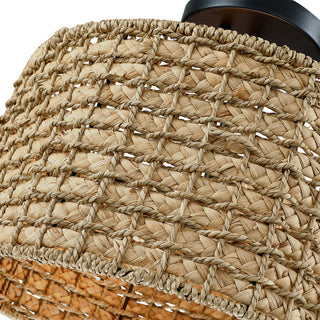 13.6" 2-Light Natural Rattan Semi-Flush Mount Ceiling Light With Black Canopy