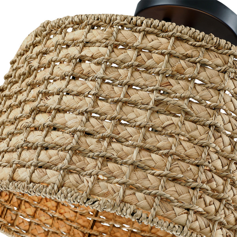 13.6" 2-Light Natural Rattan Semi-Flush Mount Ceiling Light With Black Canopy