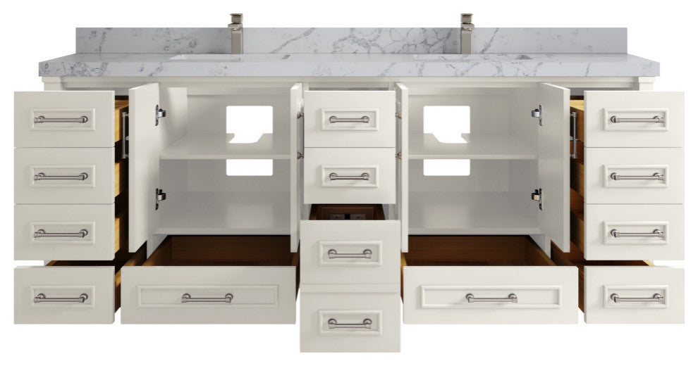 Aberdeen 84" Double Sink Bath Vanity, Alabaster 2" Venatino Quartz