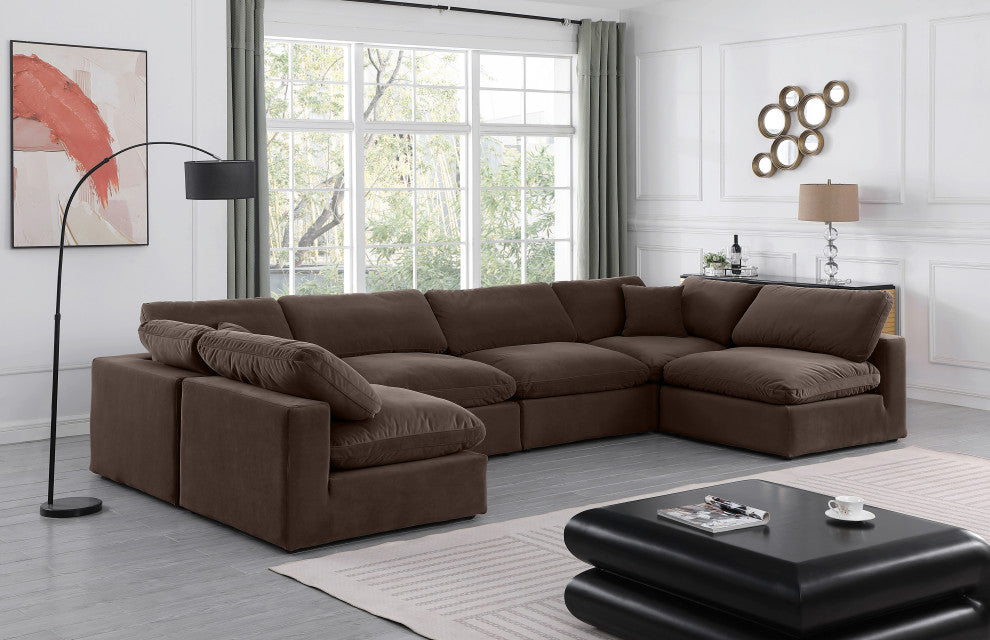 Comfy Upholstered U-Shaped Modular Sectional, Brown, 6-Piece: 4 Armless Chair, 2 Corner Chair, Velvet