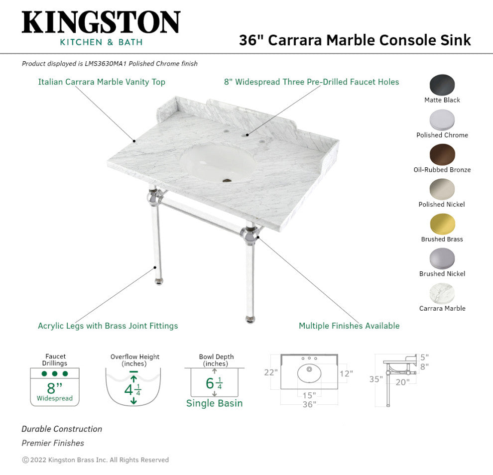 Kingston Brass LMS3630MA0 36" Carrara Marble Console Sink, Acrylic Legs