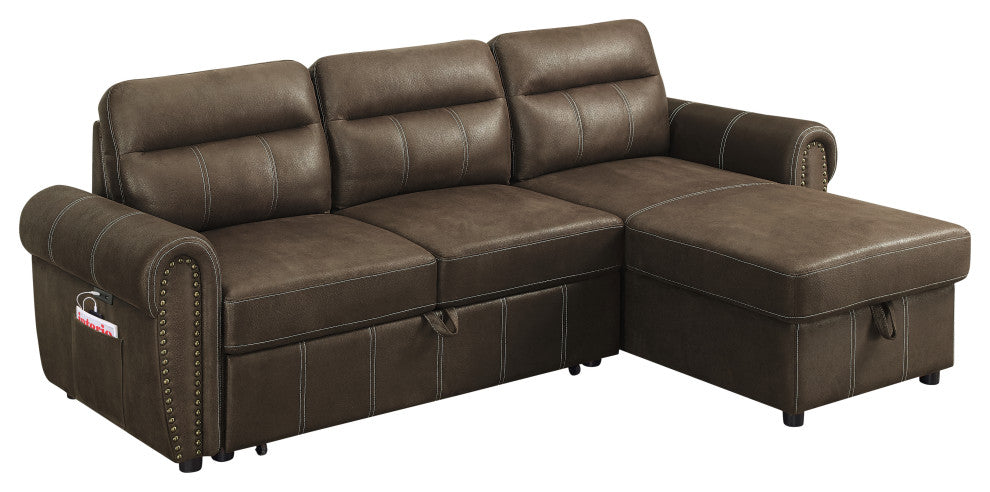 Hugo Brown Reversible Sleeper Sectional Sofa Chaise With USB Charger