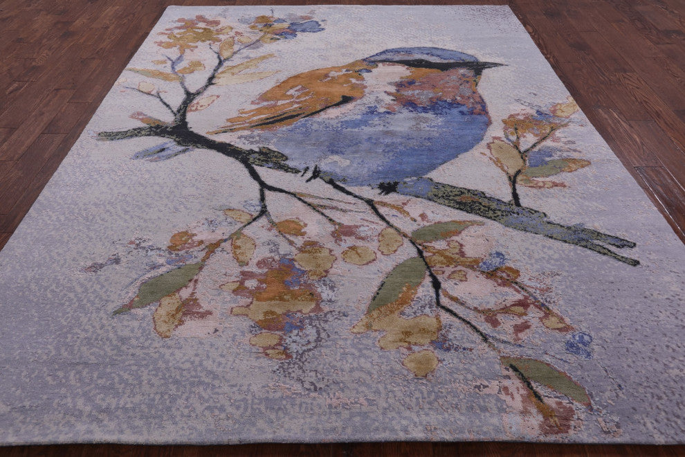 Bird Design Hand-Knotted Wool and Silk Rug 7' 11" X 10' 0" Q8695